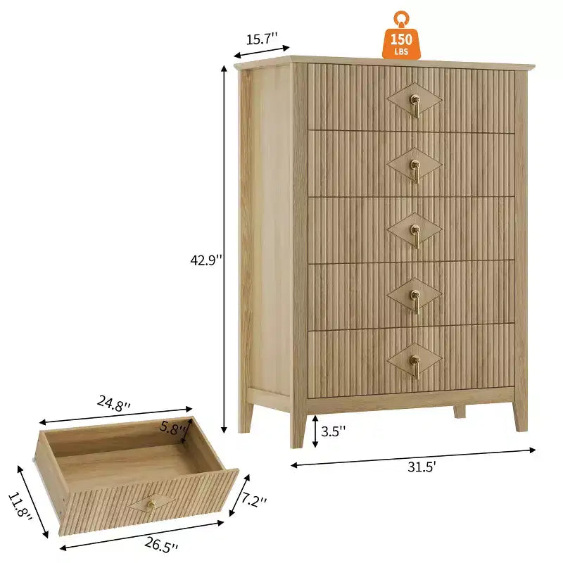 Commode à 5 tiroirs cannelés de 42,9 po de haut, commode en bois au design moderne ondulé avec poignées métalliques pour chambre et à coucher et salon