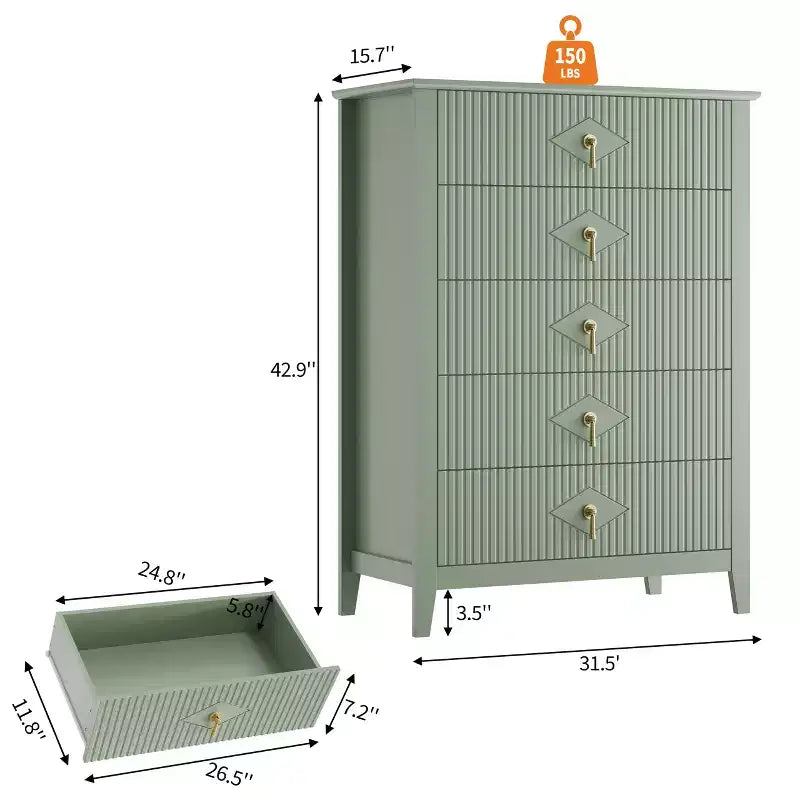 Commode à 5 tiroirs cannelés de 42,9 po de haut, commode en bois au design moderne ondulé avec poignées métalliques pour chambre et à coucher et salon
