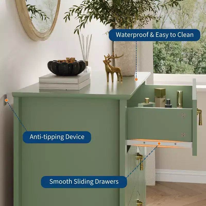 Commode à 5 tiroirs cannelés de 42,9 po de haut, commode en bois au design moderne ondulé avec poignées métalliques pour chambre et à coucher et salon