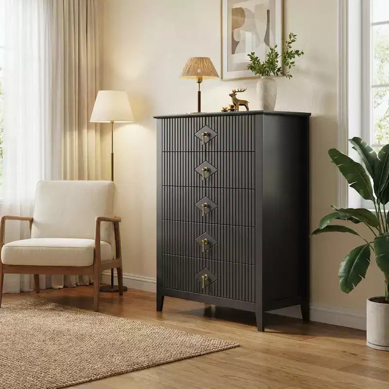 Commode à 5 tiroirs cannelés de 42,9 po de haut, commode en bois au design moderne ondulé avec poignées métalliques pour chambre et à coucher et salon