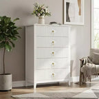 Commode à 5 tiroirs cannelés de 42,9 po de haut, commode en bois au design moderne ondulé avec poignées métalliques pour chambre et à coucher et salon