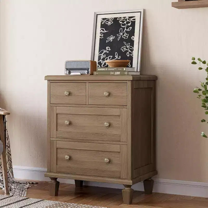 Commode Vintage en Bois à 4 Tiroirs, Poignées Sculptées et Pieds Fuselés, Grand Rangement Chambre, Marron Clair