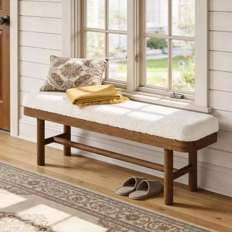 Lantine 55-Inch Solid Wood Entryway Bench, Rustic Upholstered Bench with Cushion for Dining Room, Mudroom, Porch, White & Brown, Easy Assembly