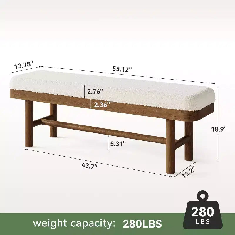 Banc d'entrée en bois massif Lantine de 55 pouces, banc rustique rembourré avec coussin pour salle à manger, vestiaire, porche, blanc et marron, assemblage facile
