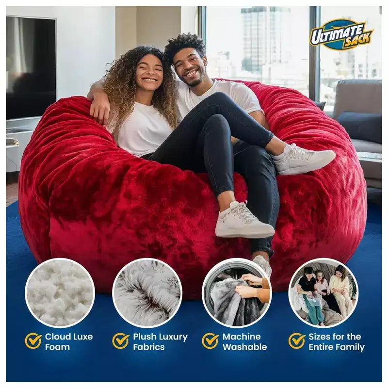 Pouf géant Ultimate Sack de 152 cm en mousse, housse lavable en fausse fourrure, couleur rouge