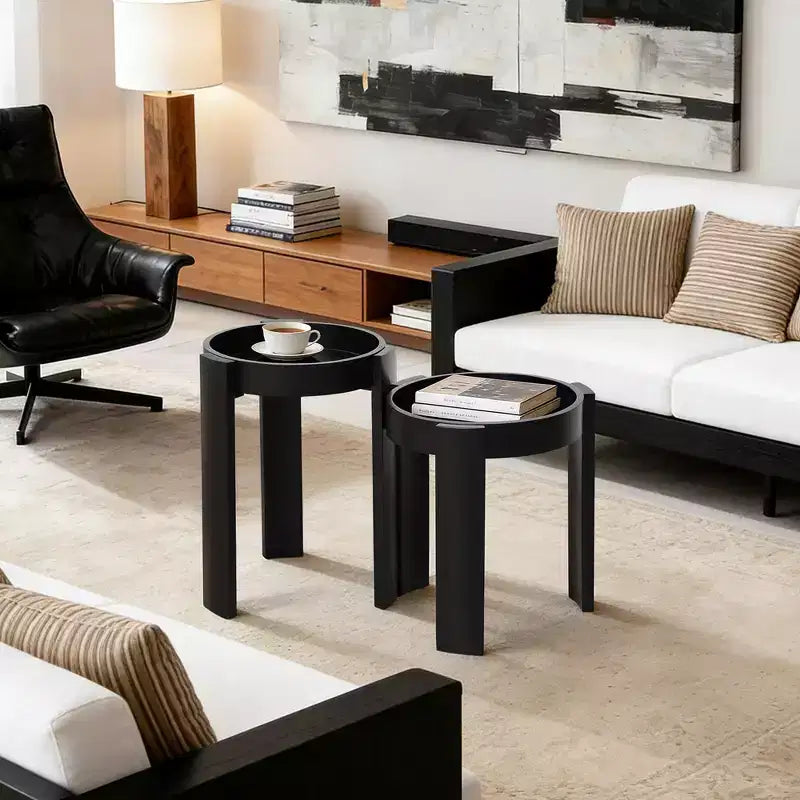 LuxenHome Lot de 2 tables gigognes noires, tables d'appoint rondes modernes et peu encombrantes pour salon, chambre à coucher