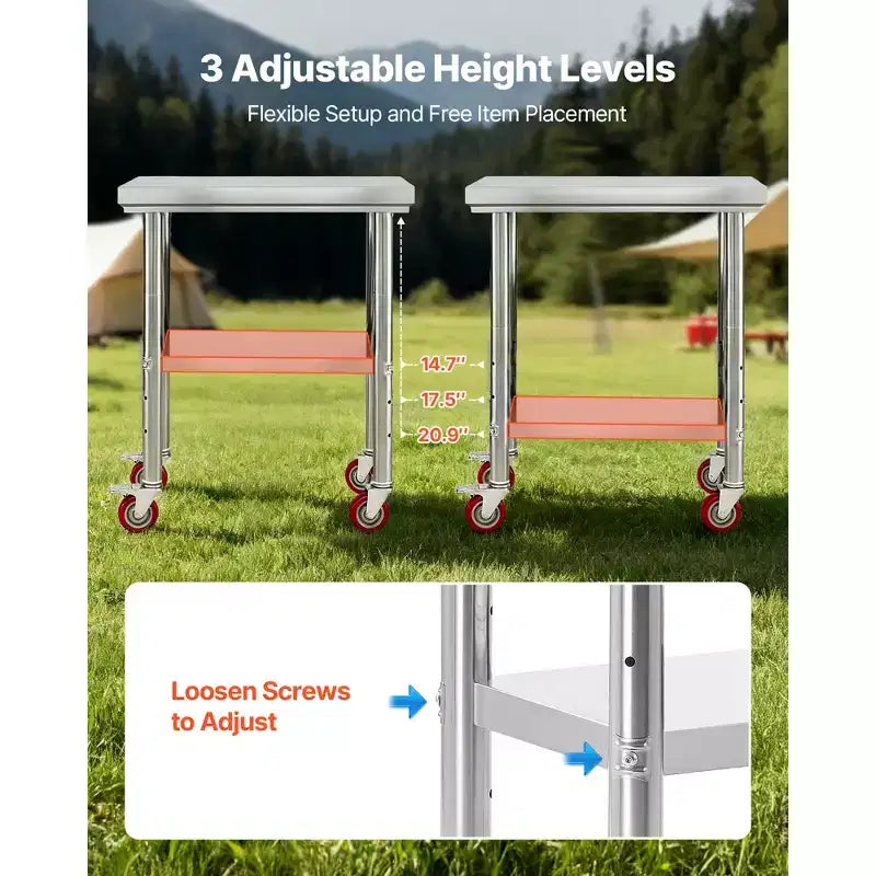 Table en acier inoxydable VEVOR, plan de travail de préparation des aliments de 61 x 76 cm avec roulettes, table de préparation de cuisine avec étagère inférieure réglable, argent