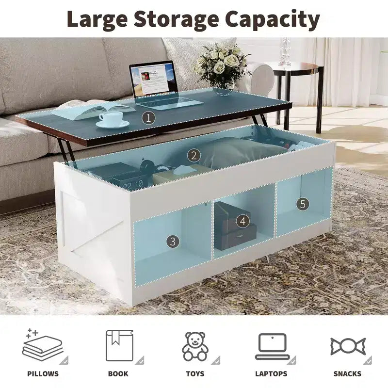 Table basse relevable Acekool avec rangement caché, Table d'appoint de style ferme pour salon