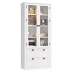 Meuble de rangement de cuisine - Armoire de rangement moderne avec 2 grands tiroirs, des portes vitrées et des étagères réglables
