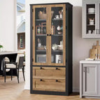 Kitchen Pantry Cabinet - Modern Display Storage Cabinet with 2 Large Drawers, Glass Doors, and Adjustable Shelves