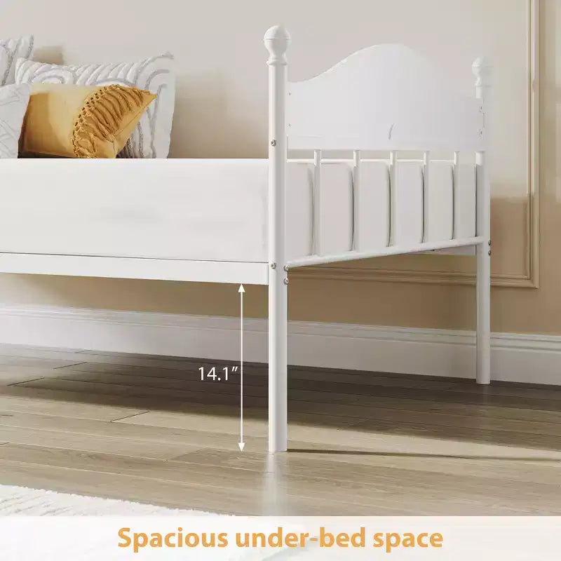 Lit de repos double robuste avec rangement dissimulé, capacité de 158 kg, cadre en métal, tête de lit garnie de bois, aucun sommier tapissier requis