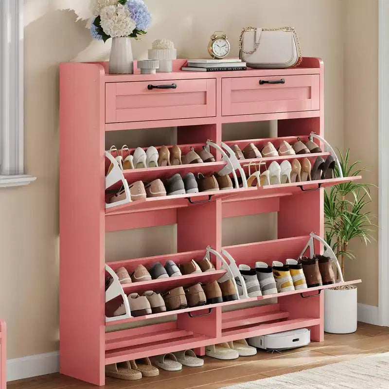 Meuble à chaussures, Meuble de rangement pour chaussures 4 tiroirs basculants et 2 tiroirs supérieurs, Organisateur en bois avec étagère réglable, Rangement dissimulé autoportant