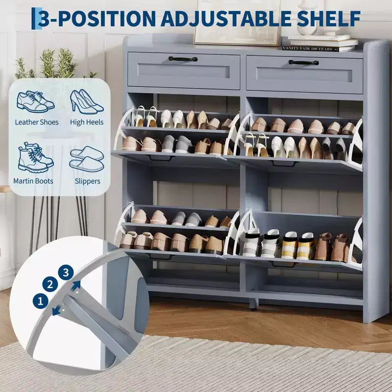 Meuble à chaussures, Meuble de rangement pour chaussures 4 tiroirs basculants et 2 tiroirs supérieurs, Organisateur en bois avec étagère réglable, Rangement dissimulé autoportant