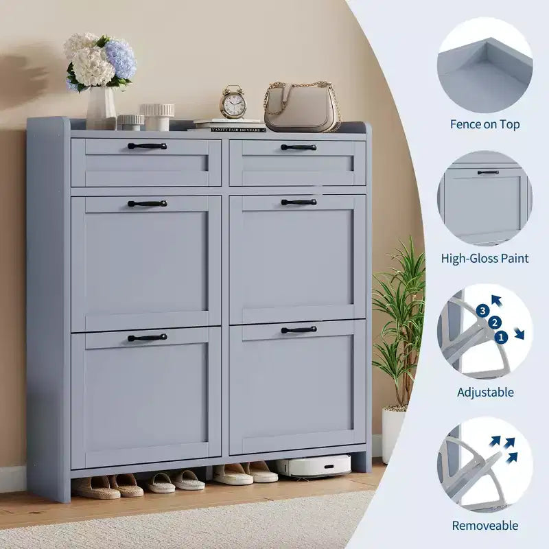 Meuble à chaussures, Meuble de rangement pour chaussures 4 tiroirs basculants et 2 tiroirs supérieurs, Organisateur en bois avec étagère réglable, Rangement dissimulé autoportant