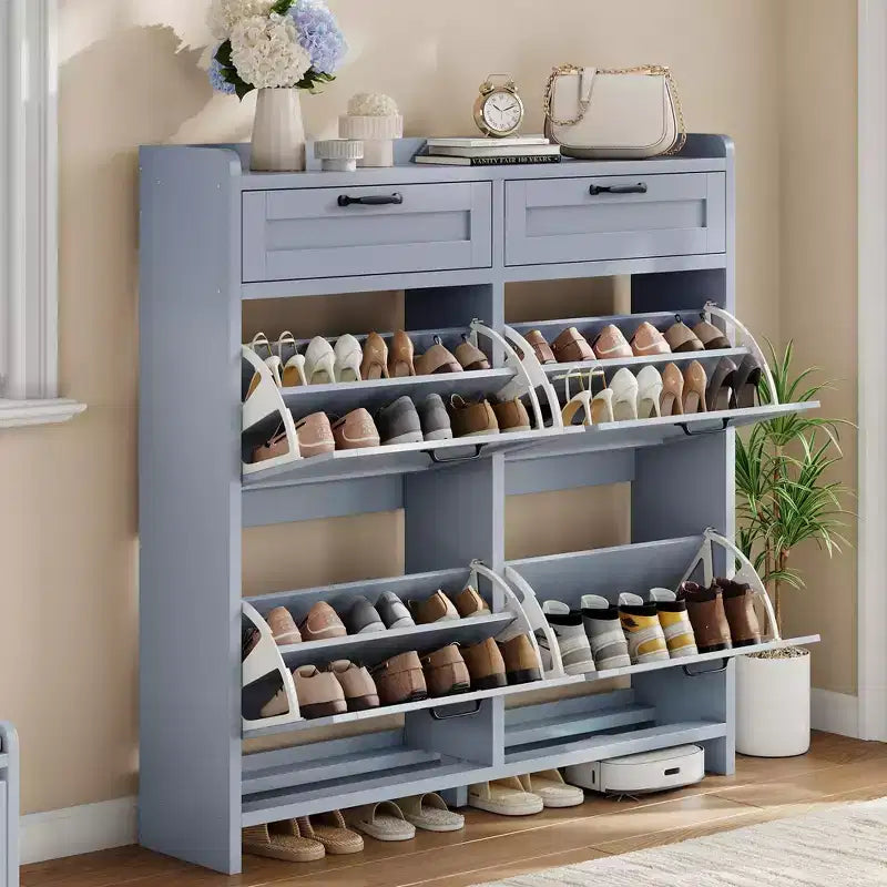 Meuble à chaussures, Meuble de rangement pour chaussures 4 tiroirs basculants et 2 tiroirs supérieurs, Organisateur en bois avec étagère réglable, Rangement dissimulé autoportant