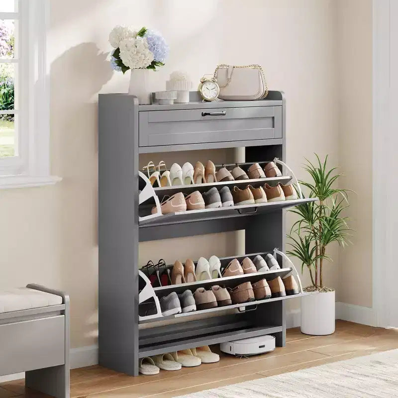 Meuble à chaussures, Meuble de rangement pour chaussures en bois peint haute brillance avec 2 tiroirs basculants et 1 tiroir supérieur, étagères réglables, organisateur dissimulé autoportant