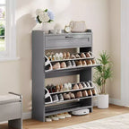 Meuble à chaussures, Meuble de rangement pour chaussures en bois peint haute brillance avec 2 tiroirs basculants et 1 tiroir supérieur, étagères réglables, organisateur dissimulé autoportant