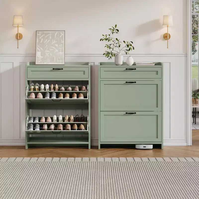 Meuble à chaussures, Meuble de rangement pour chaussures en bois peint haute brillance avec 2 tiroirs basculants et 1 tiroir supérieur, étagères réglables, organisateur dissimulé autoportant