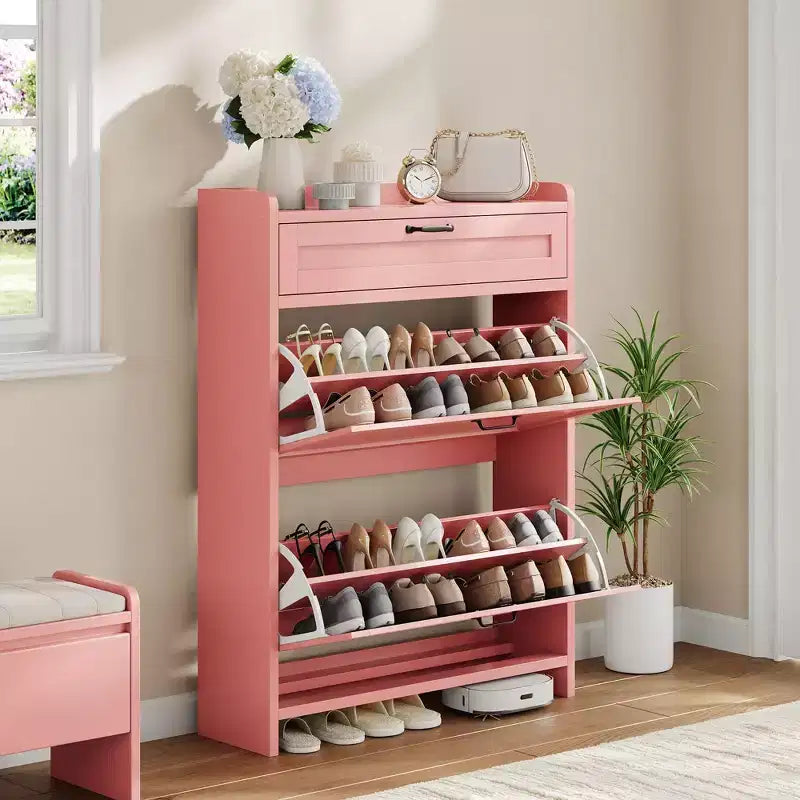 Meuble à chaussures, Meuble de rangement pour chaussures en bois peint haute brillance avec 2 tiroirs basculants et 1 tiroir supérieur, étagères réglables, organisateur dissimulé autoportant