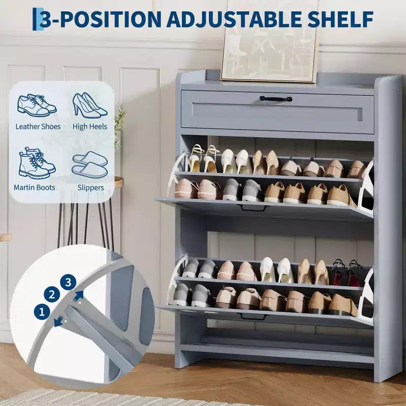 Meuble à chaussures, Meuble de rangement pour chaussures en bois peint haute brillance avec 2 tiroirs basculants et 1 tiroir supérieur, étagères réglables, organisateur dissimulé autoportant