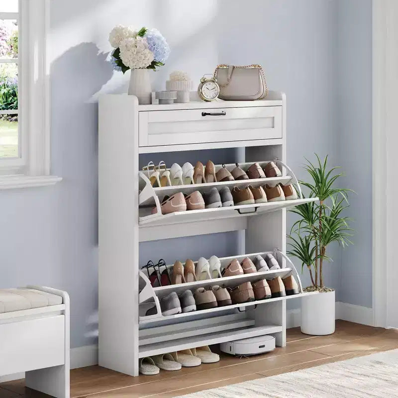 Meuble à chaussures, Meuble de rangement pour chaussures en bois peint haute brillance avec 2 tiroirs basculants et 1 tiroir supérieur, étagères réglables, organisateur dissimulé autoportant