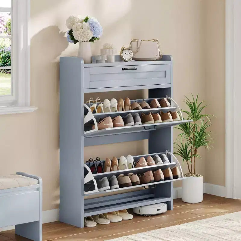 Meuble à chaussures, Meuble de rangement pour chaussures en bois peint haute brillance avec 2 tiroirs basculants et 1 tiroir supérieur, étagères réglables, organisateur dissimulé autoportant