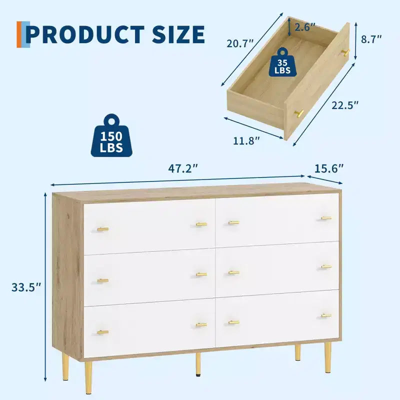 Commode en bois rustique à 6 tiroirs de 120 cm de large avec poignées barre, meuble de rangement pour chambre, salon et couloir