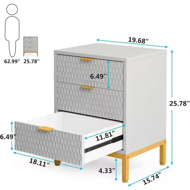 Table de chevet moderne Lantine avec 3 tiroirs, table de chevet blanche pour chambre à coucher, table d'appoint de canapé avec tiroirs de rangement