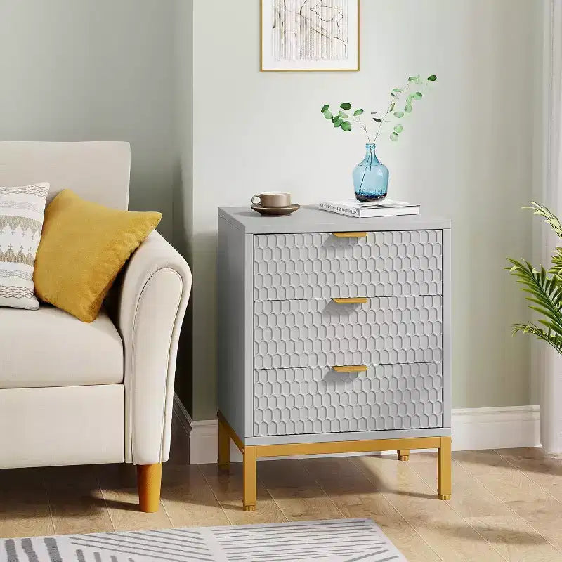Table de chevet moderne Lantine avec 3 tiroirs, table de chevet blanche pour chambre à coucher, table d'appoint de canapé avec tiroirs de rangement