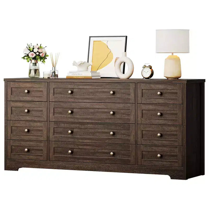 Modern 12-Drawer Sturdy Wood Dresser for Bedroom  63 Wide Chest of Drawers & TV Stand  Deep Storage Cabinet  Ideal for Living Room, Hallway