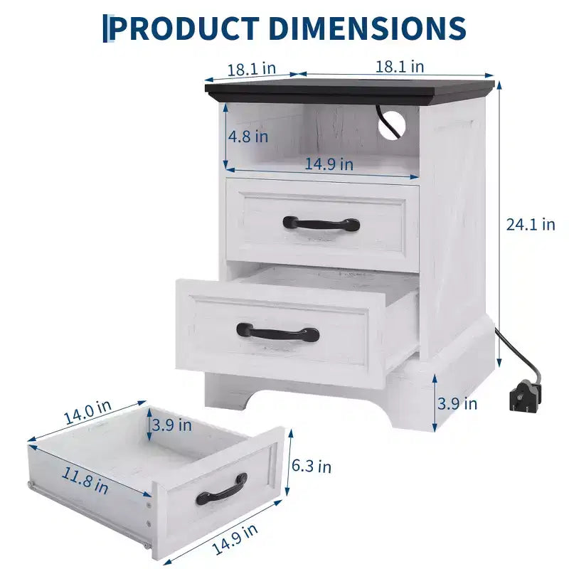 Tables de chevet de style ferme moderne - 45,7 cm de large avec station de charge (USB/prises) et 2 tiroirs, Blanc rustique+Noir