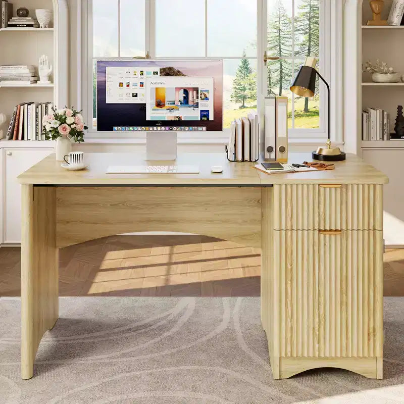 Bestier Bureau d'ordinateur 119,4 cm avec tiroir, bureau moderne pour la maison et le bureau avec armoire de rangement, bureau d'étude pour PC avec cannelures pour petits espaces