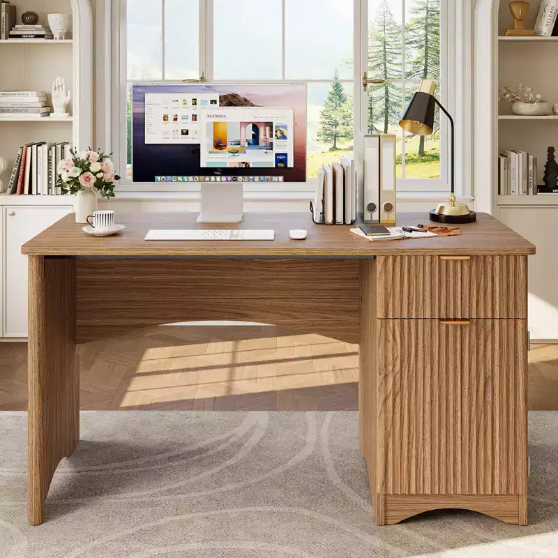 Bestier Bureau d'ordinateur 119,4 cm avec tiroir, bureau moderne pour la maison et le bureau avec armoire de rangement, bureau d'étude pour PC avec cannelures pour petits espaces