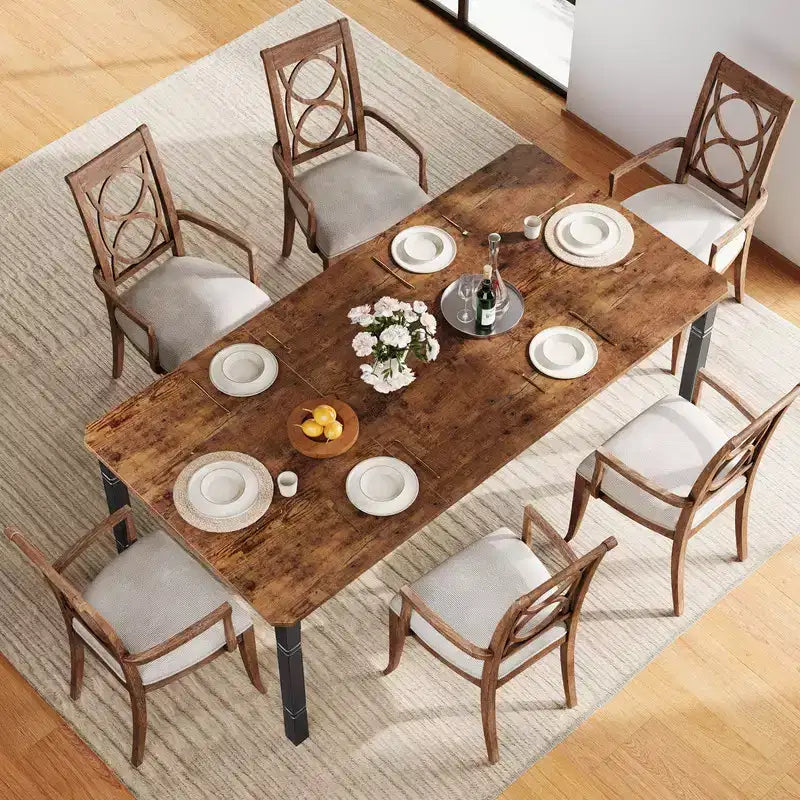 Coolmee Table de Salle à Manger de Ferme pour 6 à 8 Personnes, Table de Cuisine Rustique Industrielle avec Cadre Métallique Robuste et Coins Biseautés, Coin Repas de Salle à Manger