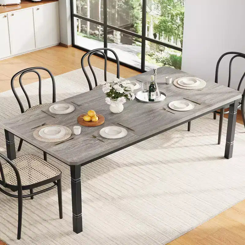 Coolmee Table de Salle à Manger de Ferme pour 6 à 8 Personnes, Table de Cuisine Rustique Industrielle avec Cadre Métallique Robuste et Coins Biseautés, Coin Repas de Salle à Manger