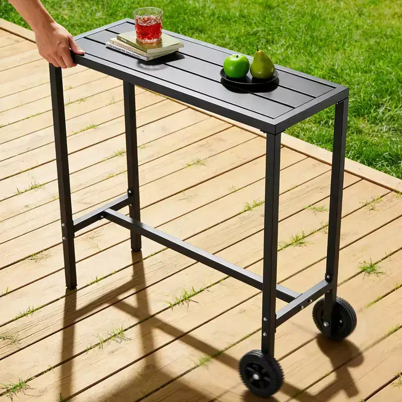 Table de bar mobile d'extérieur avec roues, plateau en métal étanche, pieds réglables, hauteur de comptoir robuste pour patio, jardin, bord de piscine, Noir, 39 pouces
