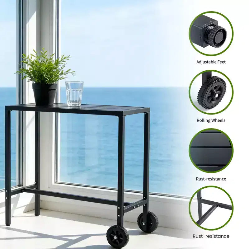 Table de bar mobile d'extérieur avec roues, plateau en métal étanche, pieds réglables, hauteur de comptoir robuste pour patio, jardin, bord de piscine, Noir, 39 pouces
