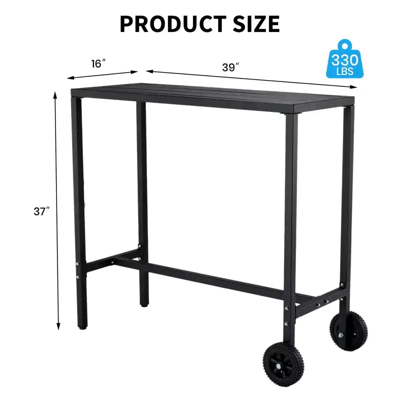 Table de bar mobile d'extérieur avec roues, plateau en métal étanche, pieds réglables, hauteur de comptoir robuste pour patio, jardin, bord de piscine, Noir, 39 pouces