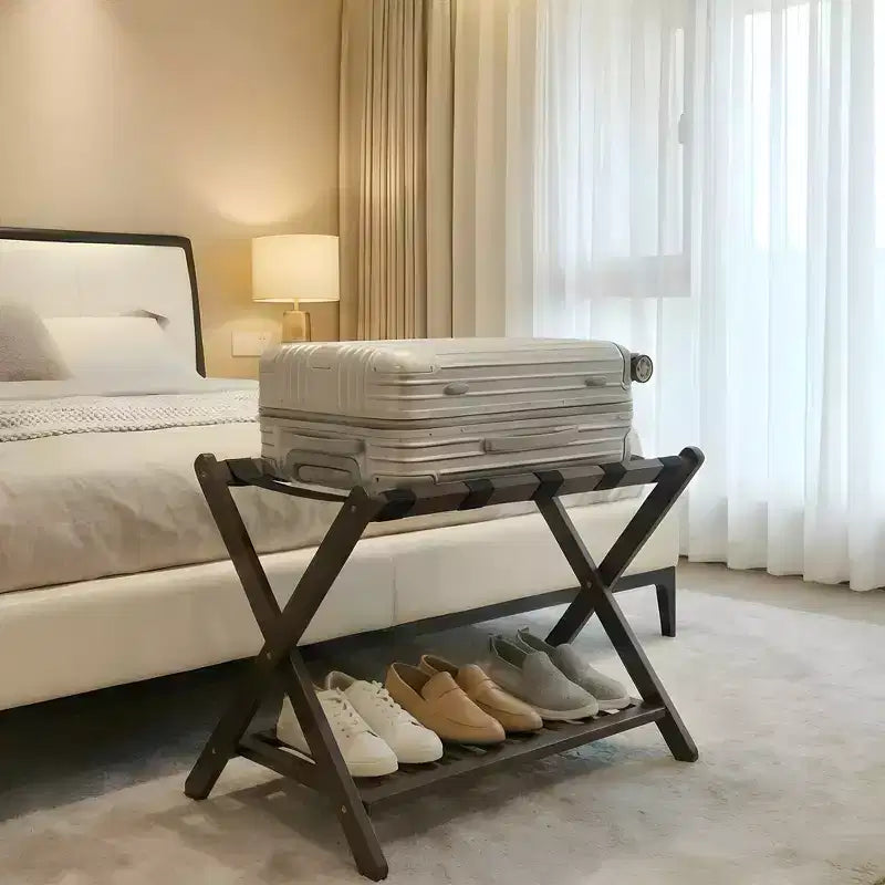 Support à bagages pliable en bambou (lot de 2) avec étagère à 2 niveaux – Support de valise robuste pour chambres d'hôtes et hôtels