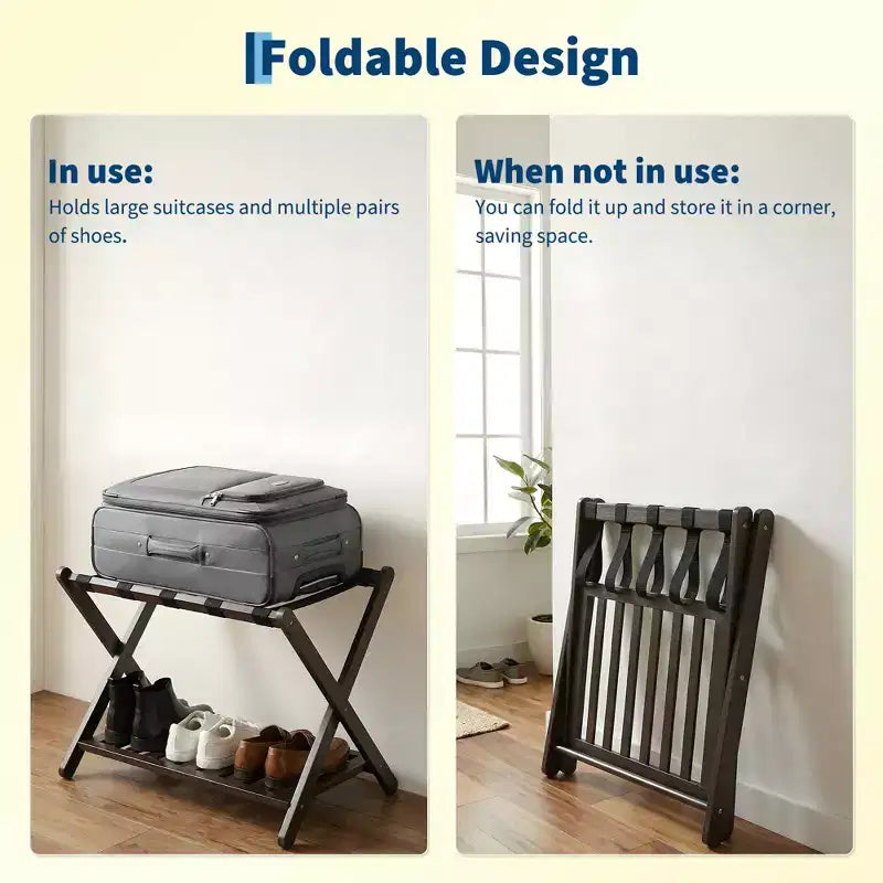 Support à bagages pliable en bambou (lot de 2) avec étagère à 2 niveaux – Support de valise robuste pour chambres d'hôtes et hôtels