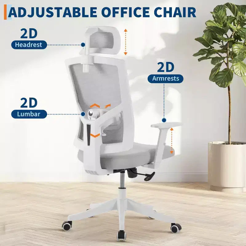 Chaise de bureau ergonomique à dossier haut en maille, accoudoirs relevables, appuie-tête et support lombaire réglables, avec roulettes, pour bureau à domicile