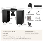 Table de manucure professionnelle avec collecteur de poussière, 8 roulettes, repose-poignet et meuble de rangement noir