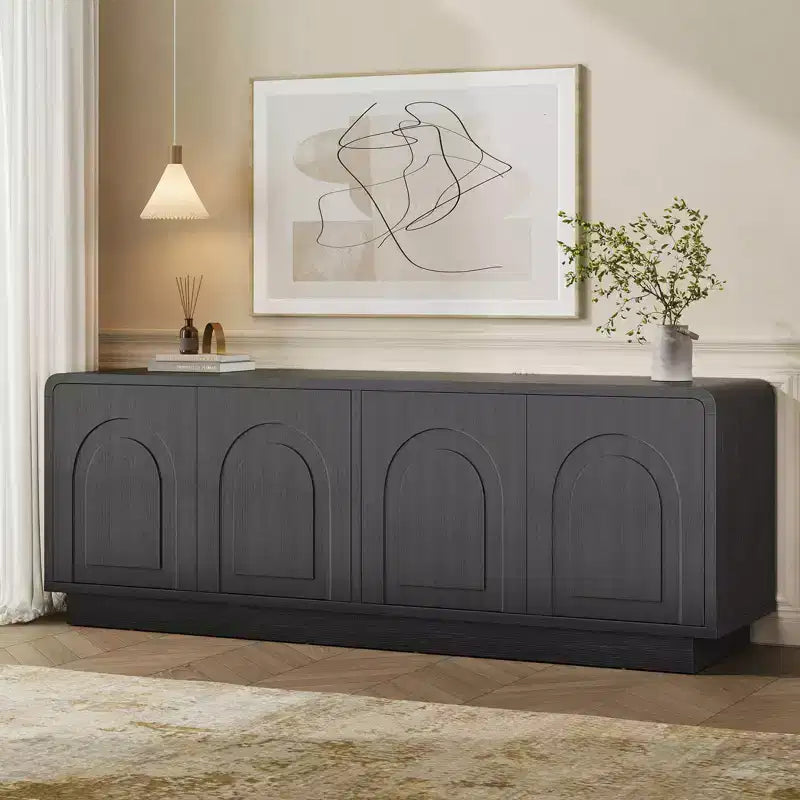 Meuble TV Bestier 63" pour téléviseurs 55/60/65 pouces, console TV 70" avec 2 portes et rangement ouvert, table console basse/moyenne cannelée