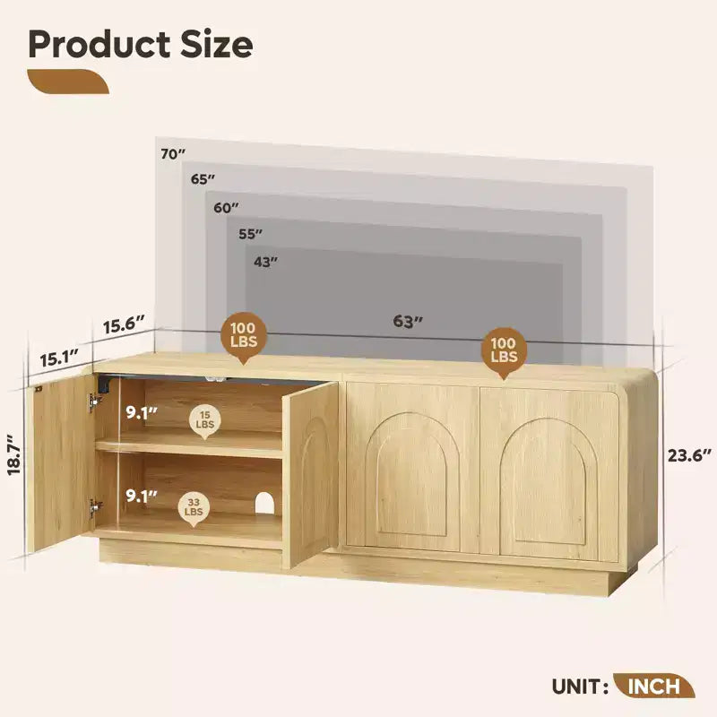 Meuble TV Bestier 63" pour téléviseurs 55/60/65 pouces, console TV 70" avec 2 portes et rangement ouvert, table console basse/moyenne cannelée