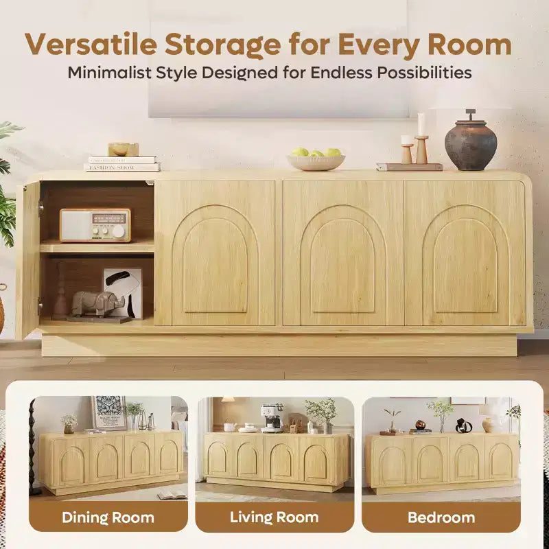 Meuble TV Bestier 63" pour téléviseurs 55/60/65 pouces, console TV 70" avec 2 portes et rangement ouvert, table console basse/moyenne cannelée