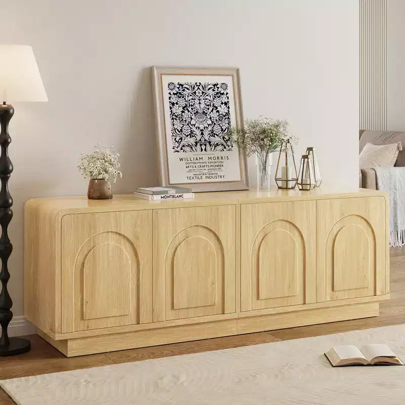 Meuble TV Bestier 63" pour téléviseurs 55/60/65 pouces, console TV 70" avec 2 portes et rangement ouvert, table console basse/moyenne cannelée