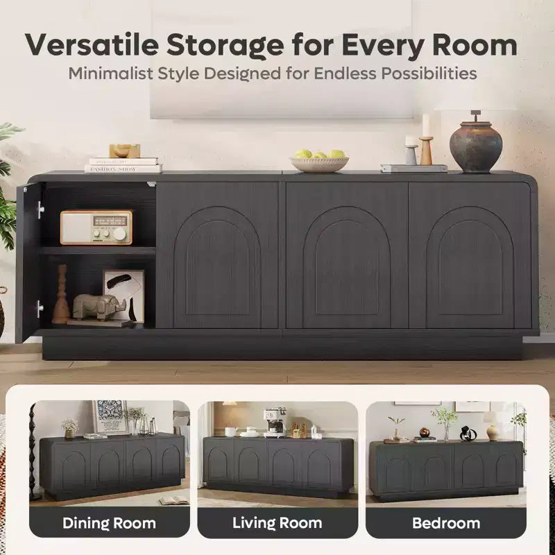 Meuble TV Bestier 63" pour téléviseurs 55/60/65 pouces, console TV 70" avec 2 portes et rangement ouvert, table console basse/moyenne cannelée