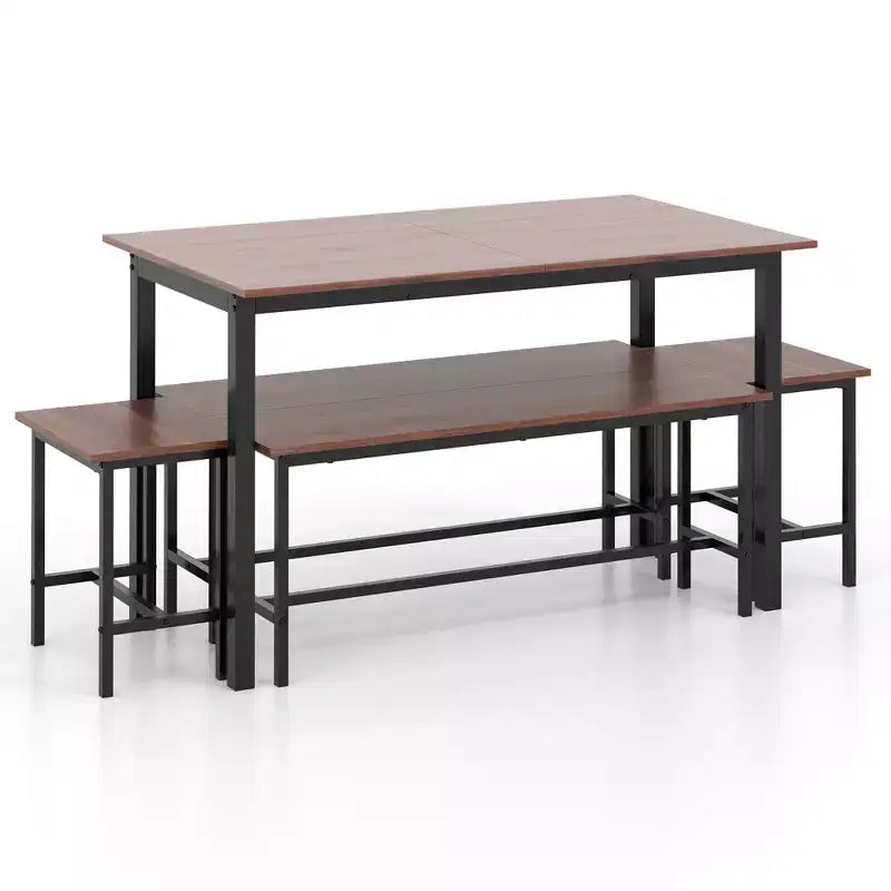 Ensemble de salle à manger 5 pièces Costway pour 4 à 6 personnes avec 2 bancs et 2 tabourets, cadre métallique, couleur noyer