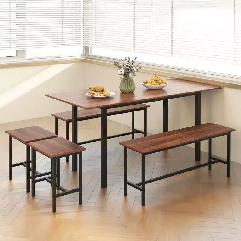 Ensemble de salle à manger 5 pièces Costway pour 4 à 6 personnes avec 2 bancs et 2 tabourets, cadre métallique, couleur noyer
