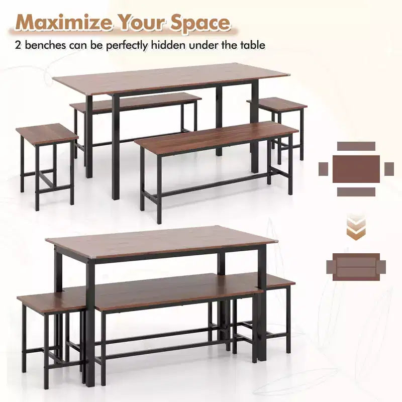 Ensemble de salle à manger 5 pièces Costway pour 4 à 6 personnes avec 2 bancs et 2 tabourets, cadre métallique, couleur noyer